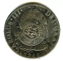 Moneda de Carlos III resellada en Birmania.
