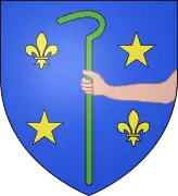 Escudo de la comuna francesa de Thiron-Gardais, con un brazo diestro de carnación que sostiene un báculo de obispo