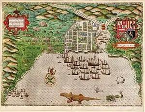 La flota de Francis Drake ante Santo Domingo en 1585.
