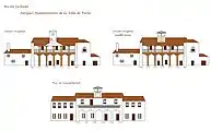 Boceto evolución del antiguo Ayuntamiento de Parla en su estado original y después de la remodelación.