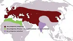 En color rojizo: la distribución del uro euroasiático.
