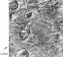 Branched Canales en Thaumasia cuadrángulo, cuando visto por Viking Orbitador.  Redes de los canales así son evidencia fuerte para llover encima Marte antiguamente.
