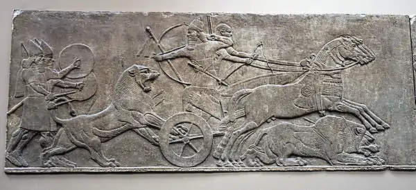Escena de caza de leones del rey Assurnasirpal II, palacio noroeste de Kalkhu, Museo Británico.