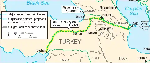 Ruta del oleoducto Bakú-Tiflis-Ceyhan.