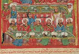 Banquete bizantino amenizado con músicos que tocan distintos instrumentos (1204–1453).