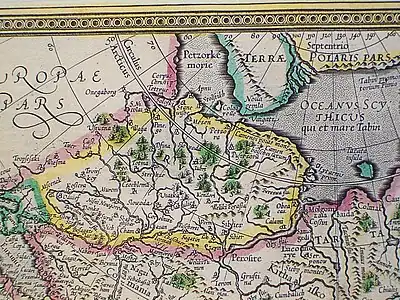 Weliki Tumen (el Gran Tiumén) se muestra en el mapa de Gerardus Mercator de Asia (publicado en 1595) situado al sur de Perm y Sibier