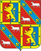 The shield from the coat of arms of the Marquis of Paraná with the arms of Leão family consisting of a golden rampant lion on an azure and red background alternating with the arms of the Carneiro family consisting of two white sheep on a red background and divided by a an azure bend containing three golden fleur-de-lis