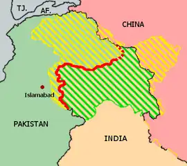 Regiones disputadas en Cachermira. En rojo, la Línea de control.