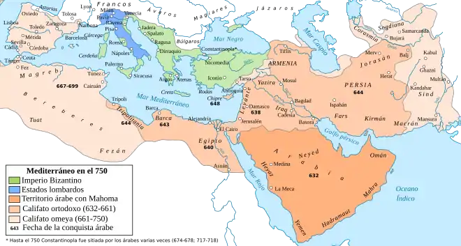 Old map of western Eurasia and northern Africa showing the expansion of the Caliphate from Arabia to cover most of the Middle East, with the Byzantine Empire outlined in green