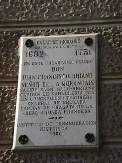 Placa donde antiguamente se ubicaba la casa del inmigrante francés Morandais, del que surgió el apellido chileno Morandé.