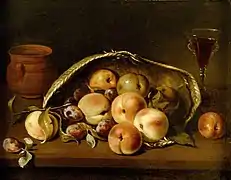 Pedro de Camprobín: Cesto de melocotones y ciruelas saliendo de un capazo, y a la izquierda una "orcilla" con agua; a la derecha una copa de cristal. Óleo sobre lienzo, firmado en 1654. Museo Nacional del Prado (Madrid).