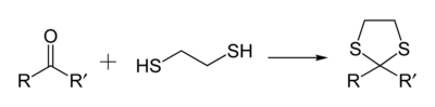 Protegiendo un carbonyl grupo por convertirlo a un 1,3-dithiolane, utilizando 1,2-ethanedithiol