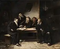 Escena judía II es una pintura que muestra a los talmudistas conversando acerca del sentido de un pasaje talmúdico.