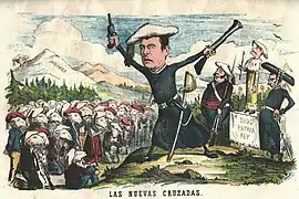 Caricatura del carlismo, personajes e ideales. La Primera República hubo de hacer frente a inicios de las terceras Guerras Carlistas.