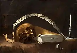 Vanitas con calavera, libro, clepsidra, filacteria y candelero, de Juan Francisco Carrión
