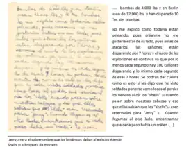 Fragmento de carta (29/03/45) enviada a sus padres tras el bombardeo de Wesel