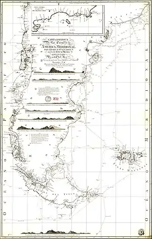 Mapa de Juan de Lángara de 1798 el cual indica reyno de Chile - Costas Patagónicas en la región austral del continente.