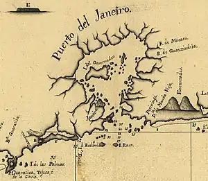 Bahía de Guanabara, aquí "Puerto del Janeiro". Detalle de la Carta esférica de la costa del Janeiro, del año 1780, Biblioteca del Congreso de Estados Unidos.