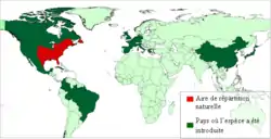 Área de distribución actual de la rana toroCarte de représentation de la répartition de la Grenouille taureau dans le monde Cistude Nature (2005)