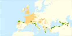 alt=Mapa de distribución 
:     ✖ Distribución nativa probable y población aislada.
:     ✖ Distribución introducida y naturalizada (sinantrópica) y población aislada desde el Neolítico.