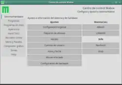 Mabox Linux posee el Centro de Control Mabox (Mabox Control Center), que permite configurar y ajustar el sistema/hardware, programas, programas de inicio, apariencia, panel tint2, recuadro conky, menús y paneles, compositor gráfico, y temas.