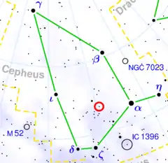 El círculo rojo indica la ubicación en Cefeo