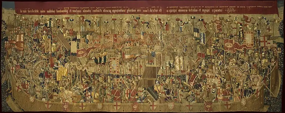 Desembarco en Arcila. Lana y seda. Siglo XV. Tournai. 368x1108cm. Serie de Tapices de Alfonso V de Portugal. Museo Parroquial de Tapices de Pastrana. Guadalajara, España.