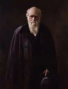 Three-quarter portrait of a senior Darwin dressed in black before a black background. His face and six-inch white beard are dramatically lit from the side. His eyes are shaded by his brows and look directly and thoughtfully at the viewer.