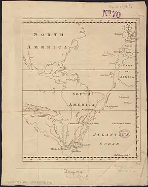 Mapa que muestra las rutas de paso al Pacífico de las expediciones del Dolphin de Byron y Wallis, de Cook y de Bougainville. Chart of the track of the Dolphin, Tamar, Swallow & Endeavour through the South Seas ; & of the track of M. Bougainville round the World, de Thomas Bowen, ca. 1776. Biblioteca Pública de Boston.