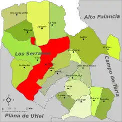 Localización de Chelva respecto a la comarca de Los Serranos