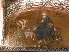 Mosaico de Cristo entronizado con Teodoro Metoquites que presenta un modelo de la iglesia.