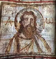 Pintura mural de la catacumba de Comodilla. Una de las primeras imágenes de Jesús con barba, como el dios Zeus, finales del siglo IV.