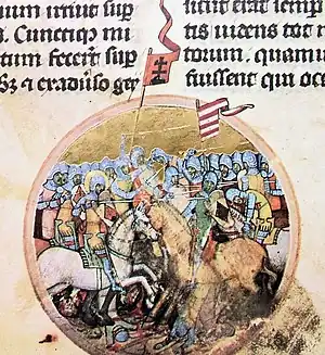 San Ladislao en la Batalla de Mogyoród. Miniatura de la Képes Krónikában (1358).