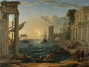 Pintura de historia, de tema vagamente religioso, en que predomina el paisaje -marina, celaje- y la arquitectura: Puerto con el embarque de la Reina de Saba (1648), de Claude Lorrain.