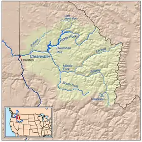 Mapa del río Clearwater —afluente del Snake— que fluye por el norte de Idaho