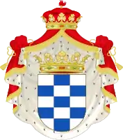 Escudo de Armas del Ducado de Alba de Tormes, a partir de Fadrique Álvarez de Toledo y Enríquez, II duque, durante la Casa de Álvarez de Toledo. Manto ducal de Grandeza de España.