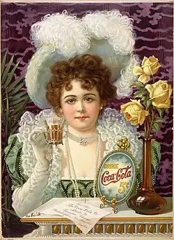 Propaganda de Coca cola c. 1900, una dama de gala con guantes mosquetero; obsérvese la abertura abotonada.