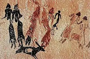 La Danza del Cogul. Calco de Henri Breuil. Mujeres danzan en torno a una figura fálica de hombre. No se han podido datar, aunque tienen más de 3000 años y menos de 10 000.