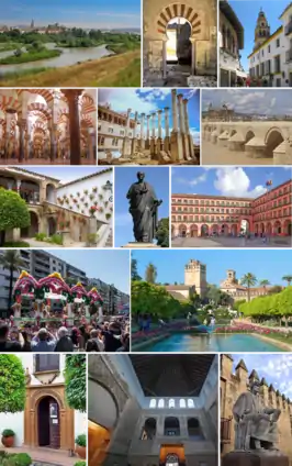 De izquierda a derecha y de arriba abajo: el río Guadalquivir, Medina Azahara, la mezquita-catedral, el templo romano, el puente romano, el Zoco Municipal, la plaza de la Corredera, el Alcázar de los Reyes Cristianos, el museo Julio Romero de Torres y la Sinagoga, entre otros lugares.