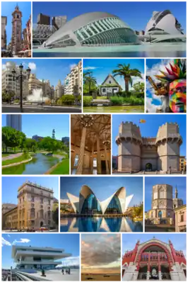 De izquierda a derecha y de arriba abajo: la torre de la iglesia de Santa Catalina, la Ciudad de las Artes y las Ciencias, la plaza del Ayuntamiento, una barraca en la Albufera, una falla, el jardín del Turia, la lonja de la Seda, las torres de Serranos, el palacio de la Generalidad Valenciana, el Oceanográfico, la catedral, el Edificio Veles e Vents en la Marina, la playa de la Malvarrosa y el mercado de Colón.