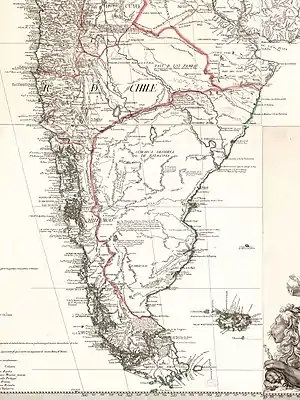 Mapa del cartógrafo oficial del rey de España Juan de la Cruz Cano y Olmedilla, 1775, aparece el texto "Chile Moderno" al interior de la Patagonia para diferenciarlo del "Chile Antiguo" (territorio del reino de Chile ya poblado).