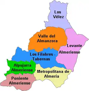 Mapa de las distintas comarcas que componen la provincia de Almería.