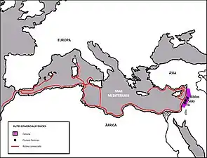 Principales rutas comerciales fenicias. También viajaban en Inglaterra e Irlanda