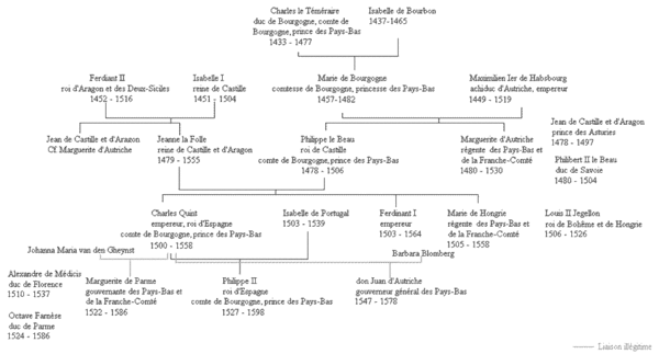 Genealogía de los Condes de Borgoña y gobernadores del Franco-Condado y de los Países Bajos, desde Carlos el Temerario a Felipe II