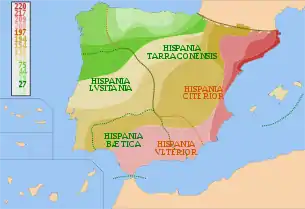 Avance romano en la península ibérica, que finaliza en el 19 a. C. al conquistar a los pueblos cántabros (verde más claro).