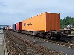 Tren formado por vagones plataforma, cargados con contenedores.