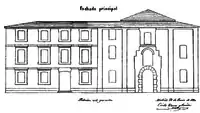 Fachada principal del antiguo Convento de Agonizantes en 1870. Plano de Cirilo Vara y Soria.