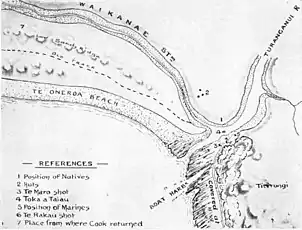 Detalle de la playa de Te Oneroa en bahía de la Pobreza, Nueva Zelanda. La leyenda localiza la situación de los diferentes protagonistas en los primeros encuentros de los hombres del HMB Endeavour con los maoríes. Según WL Williams, 1888.