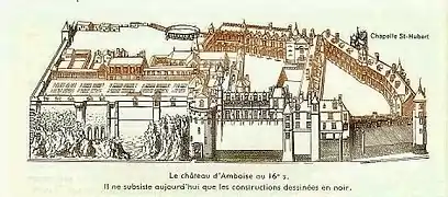 Vista caballera del Château d'Amboise que muestra la destrucción de los años 1806-1810