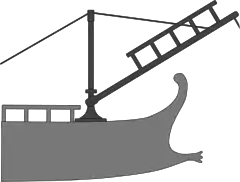 Un diagrama que muestra la ubicación y el uso de un corvus en una galera romana.